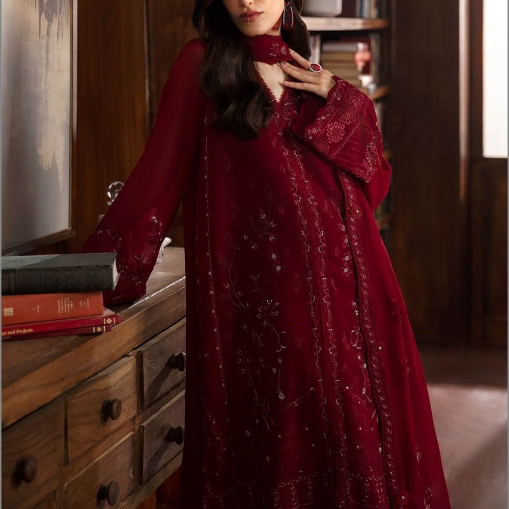 Deep Red Chiffon Shirt, Izaar/Pants and Dupatta